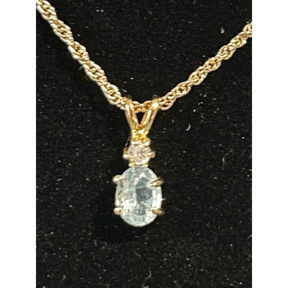 Gold Tone Blue Topaz Teardrop Pendant Necklace 18